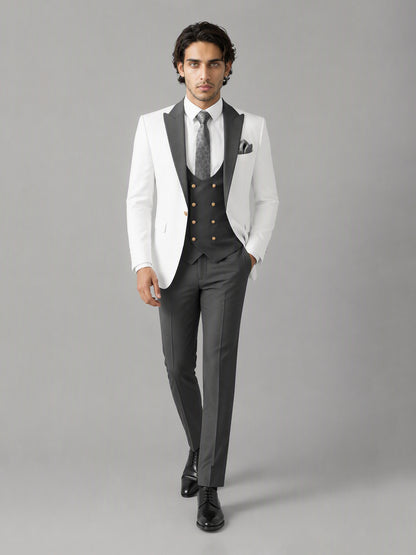 Savile GA0178 Men's White & Grey 3-Piece Suit Set – Front standing hand in pocket