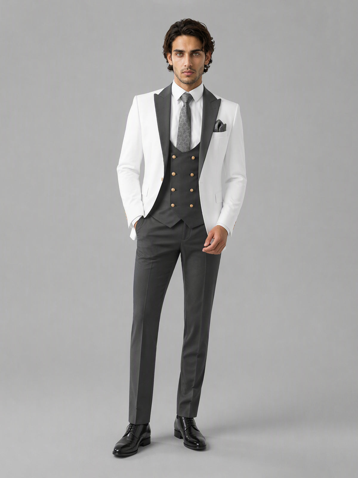 Savile GA0178 Men's White & Grey 3-Piece Suit Set – Side profile full length