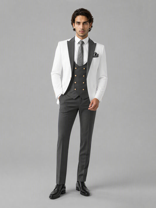 Savile GA0178 Men's White & Grey 3-Piece Suit Set – Side profile full length