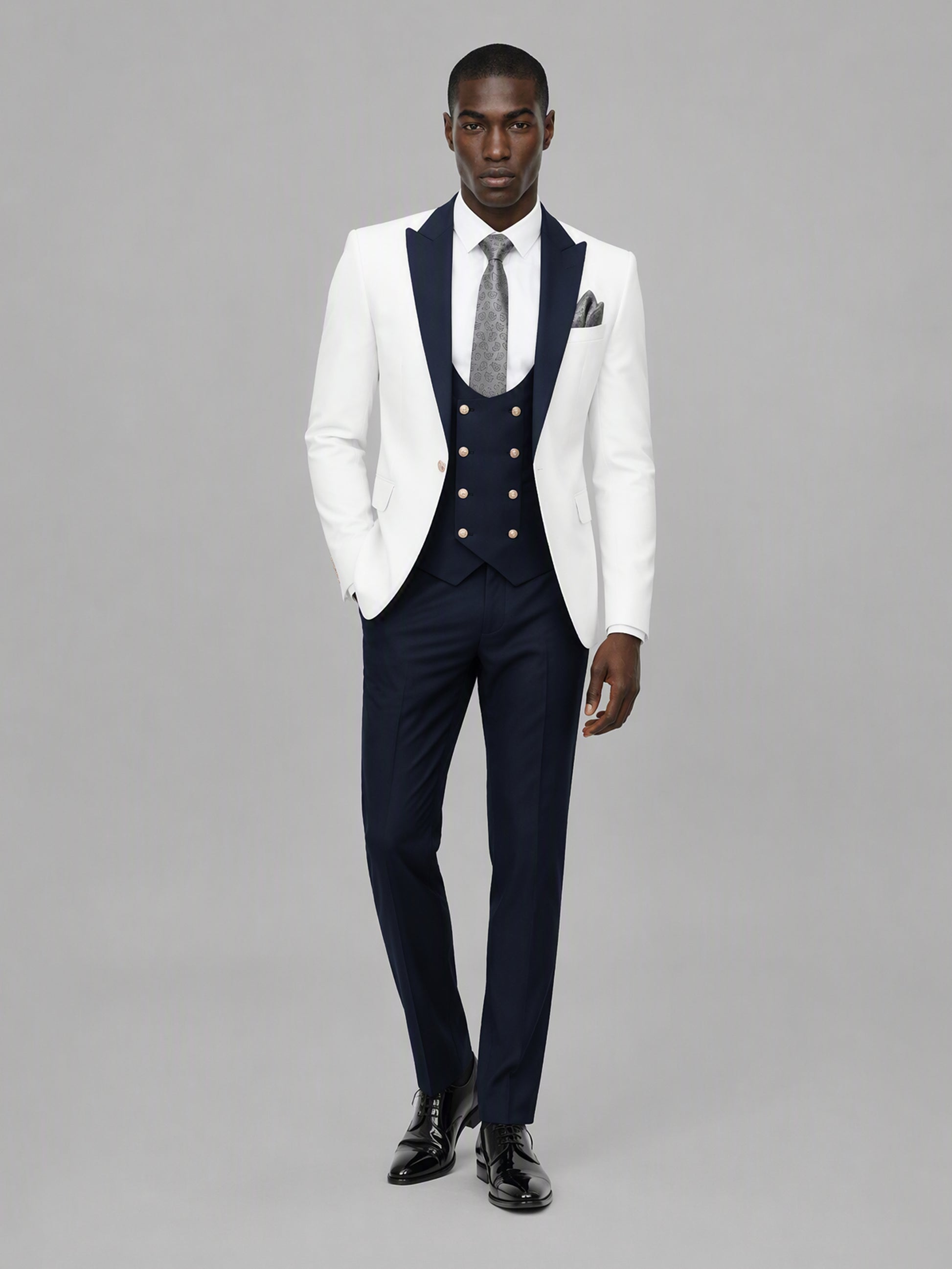 Savile GA0178 Men's White & Navy Blue 3-Piece Suit Set – Front standing full length
