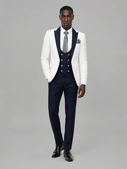 Savile GA0178 Men's White & Navy Blue 3-Piece Suit Set – Front standing full length