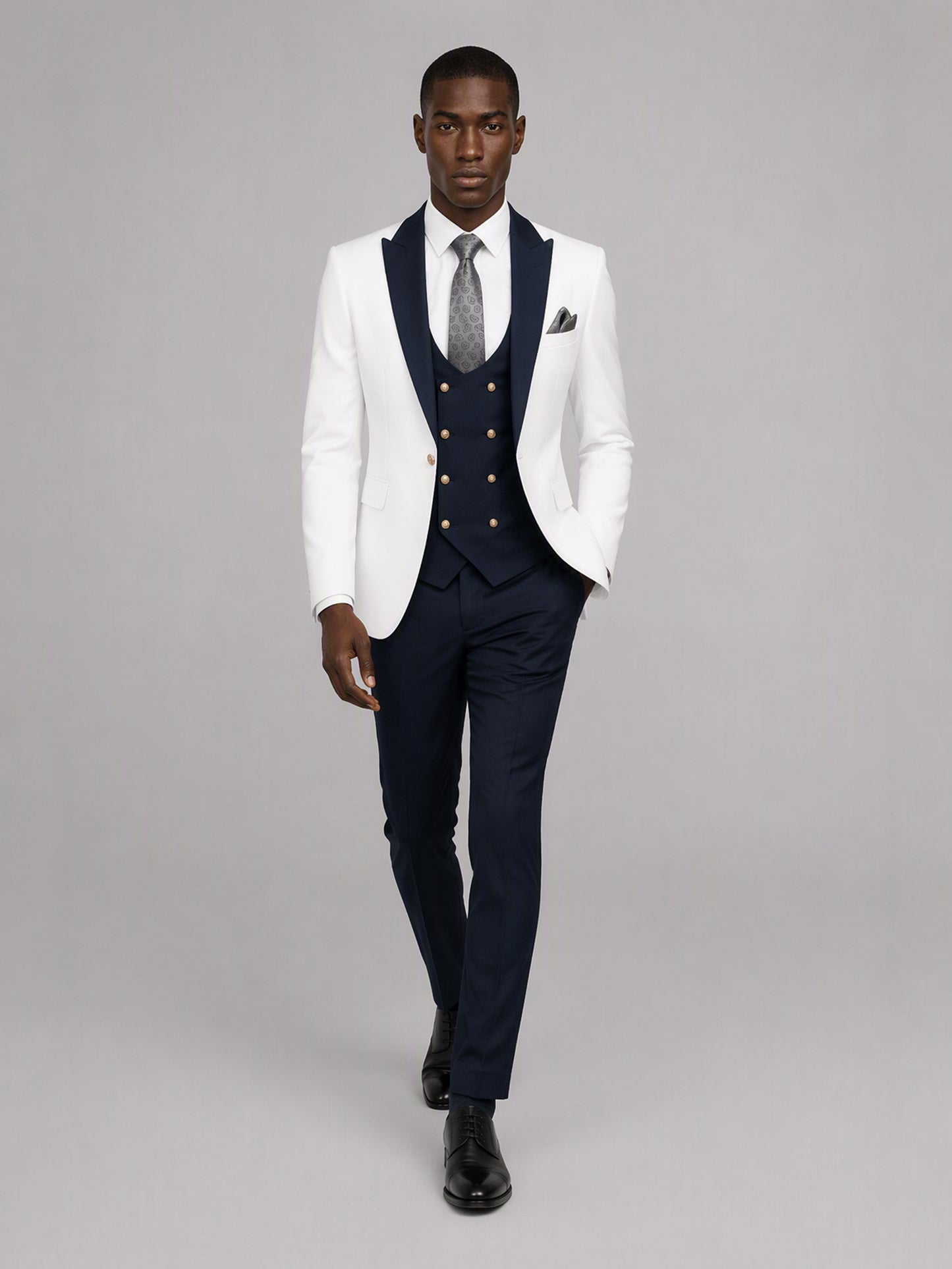 Savile GA0178 Men's White & Navy Blue 3-Piece Suit Set – Walking dynamic pose full length