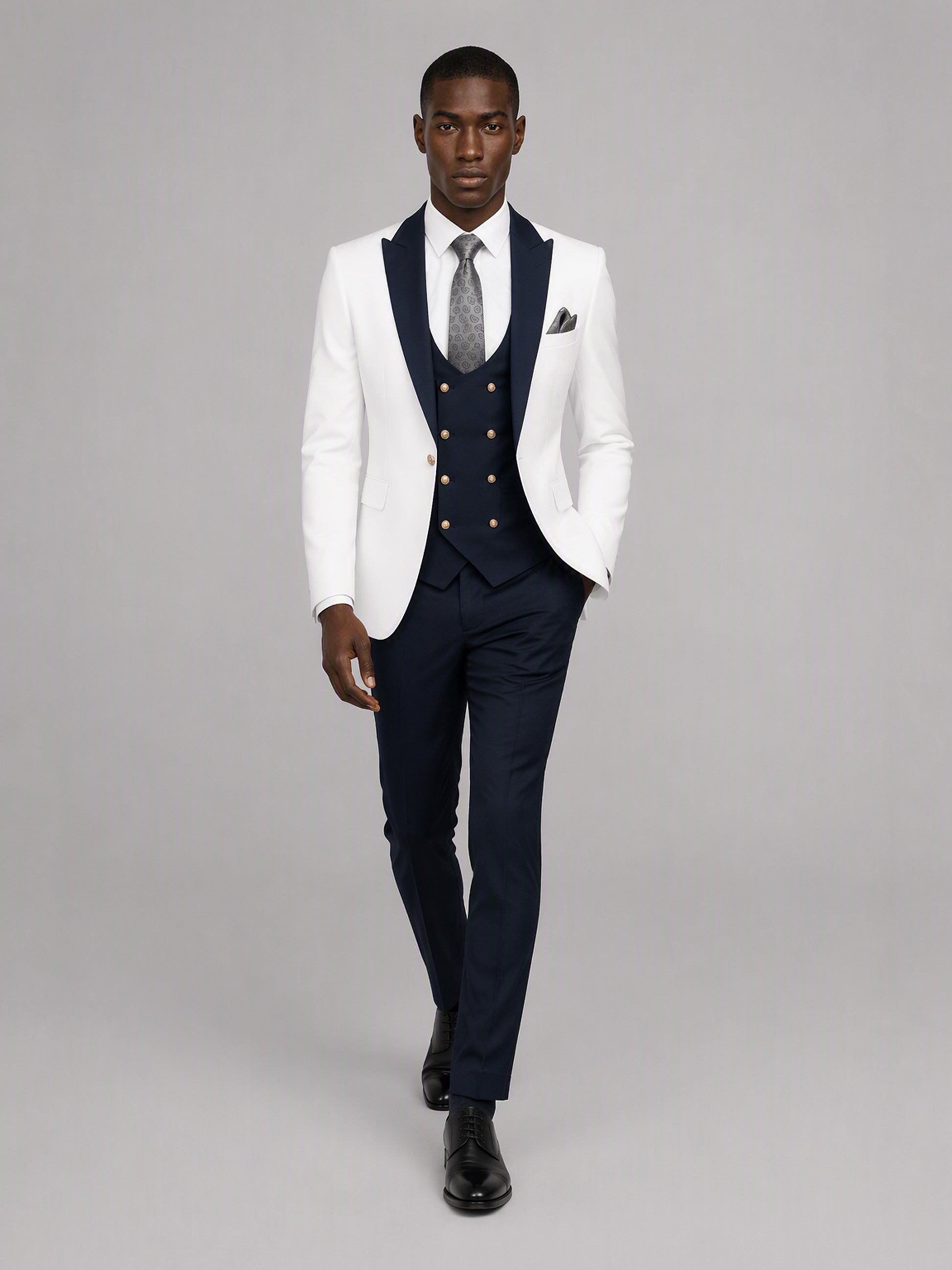 Savile GA0178 Men's White & Navy Blue 3-Piece Suit Set – Walking dynamic pose full length