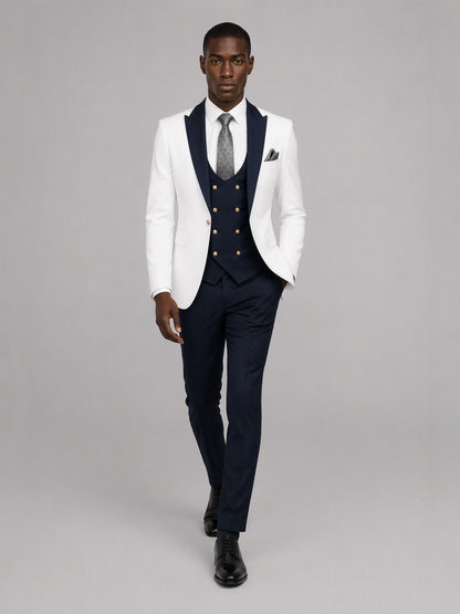 Savile GA0178 Men's White & Navy Blue 3-Piece Suit Set – Walking dynamic pose full length
