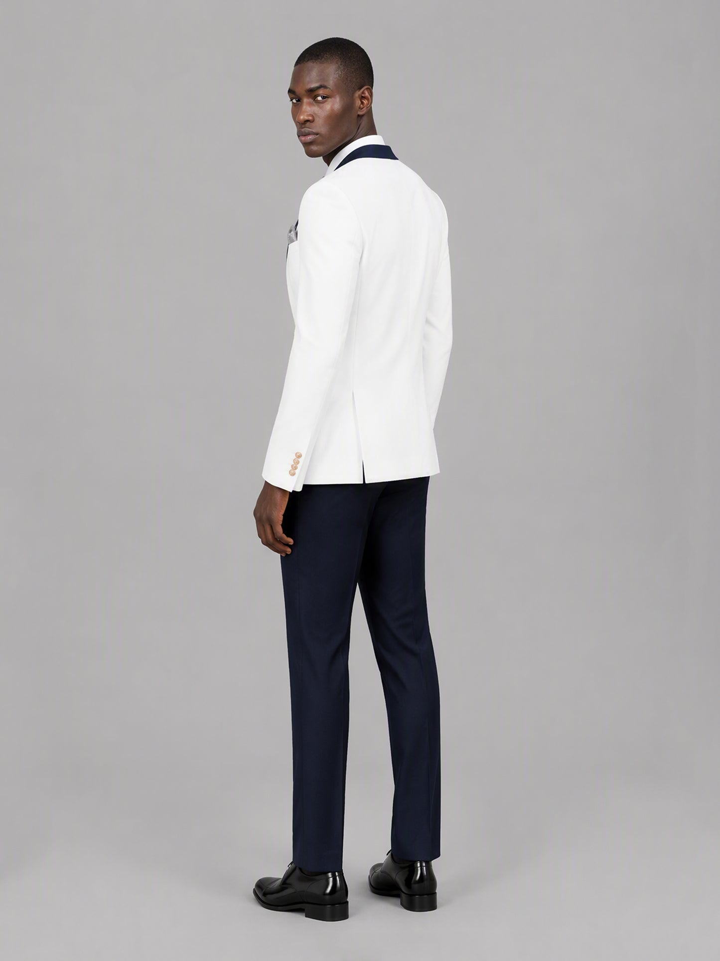Savile GA0178 Men's White & Navy Blue 3-Piece Suit Set – Back three-quarter view
