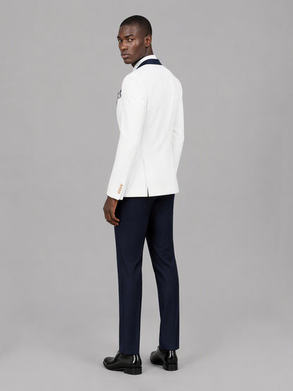 Savile GA0178 Men's White & Navy Blue 3-Piece Suit Set – Back three-quarter view
