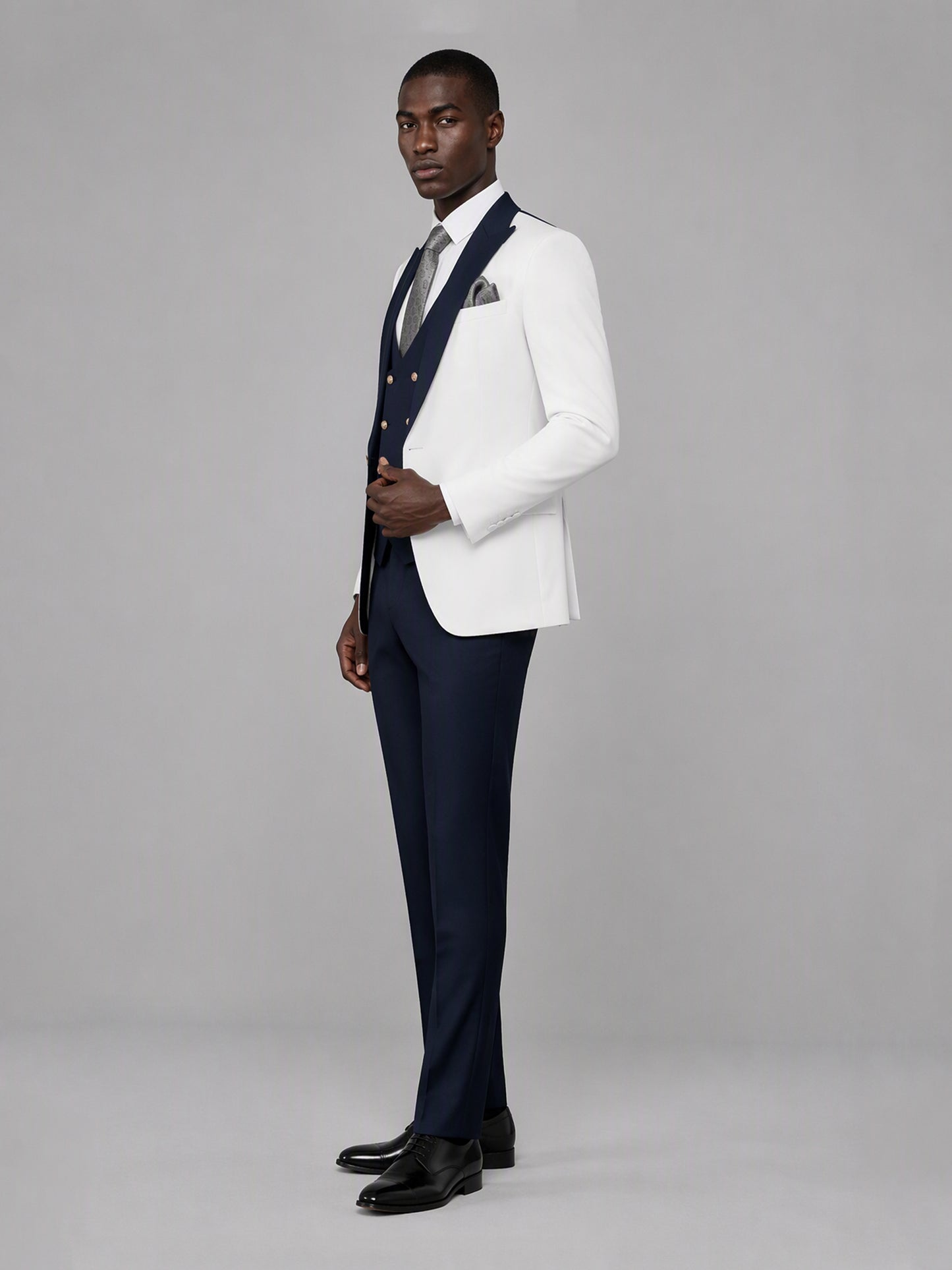 Savile GA0178 Men's White & Navy Blue 3-Piece Suit Set – Side profile full length