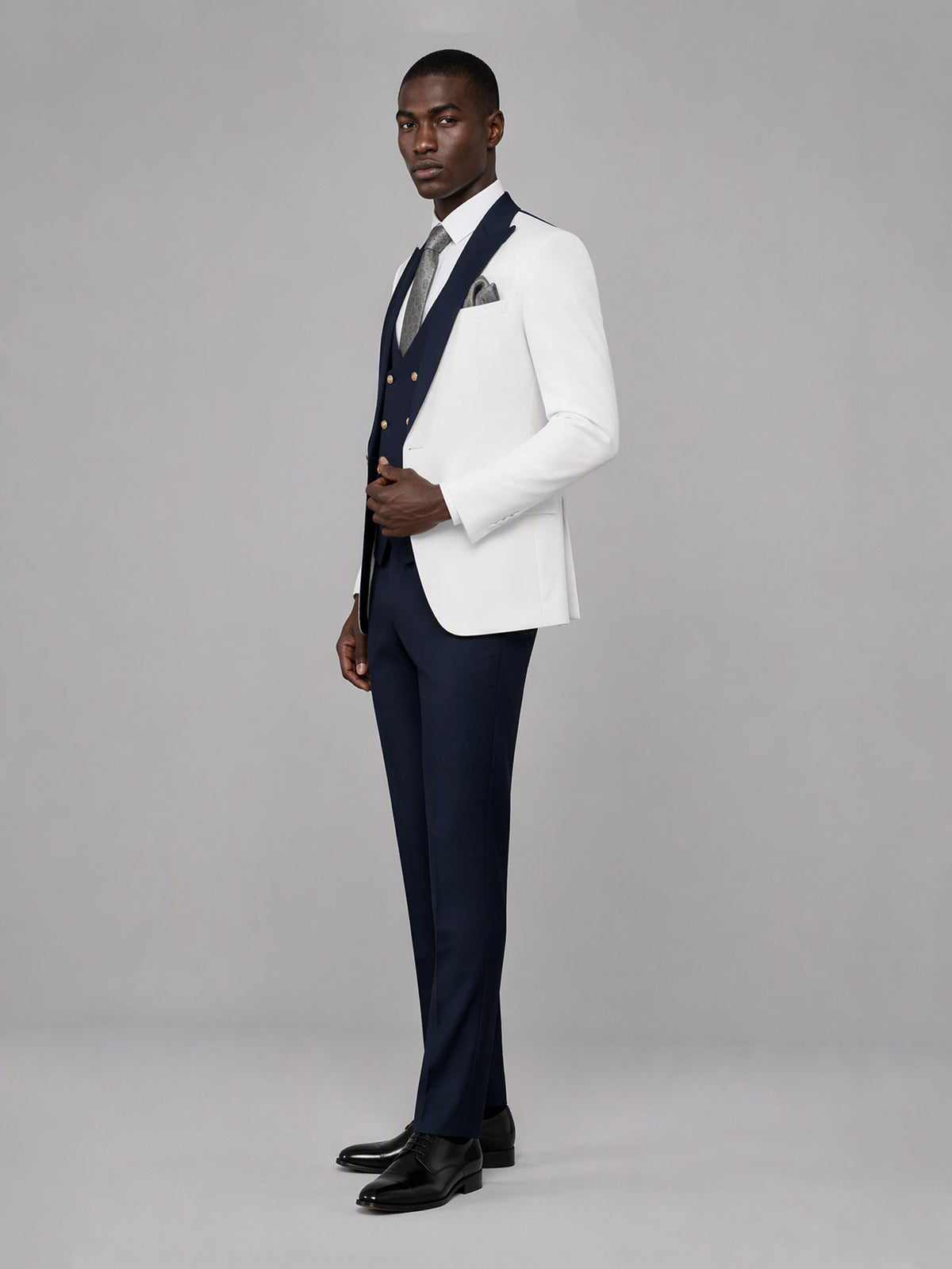 Savile GA0178 Men's White & Navy Blue 3-Piece Suit Set – Side profile full length