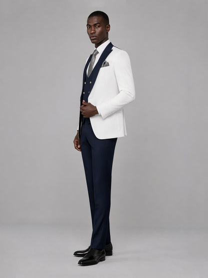 Savile GA0178 Men's White & Navy Blue 3-Piece Suit Set – Side profile full length