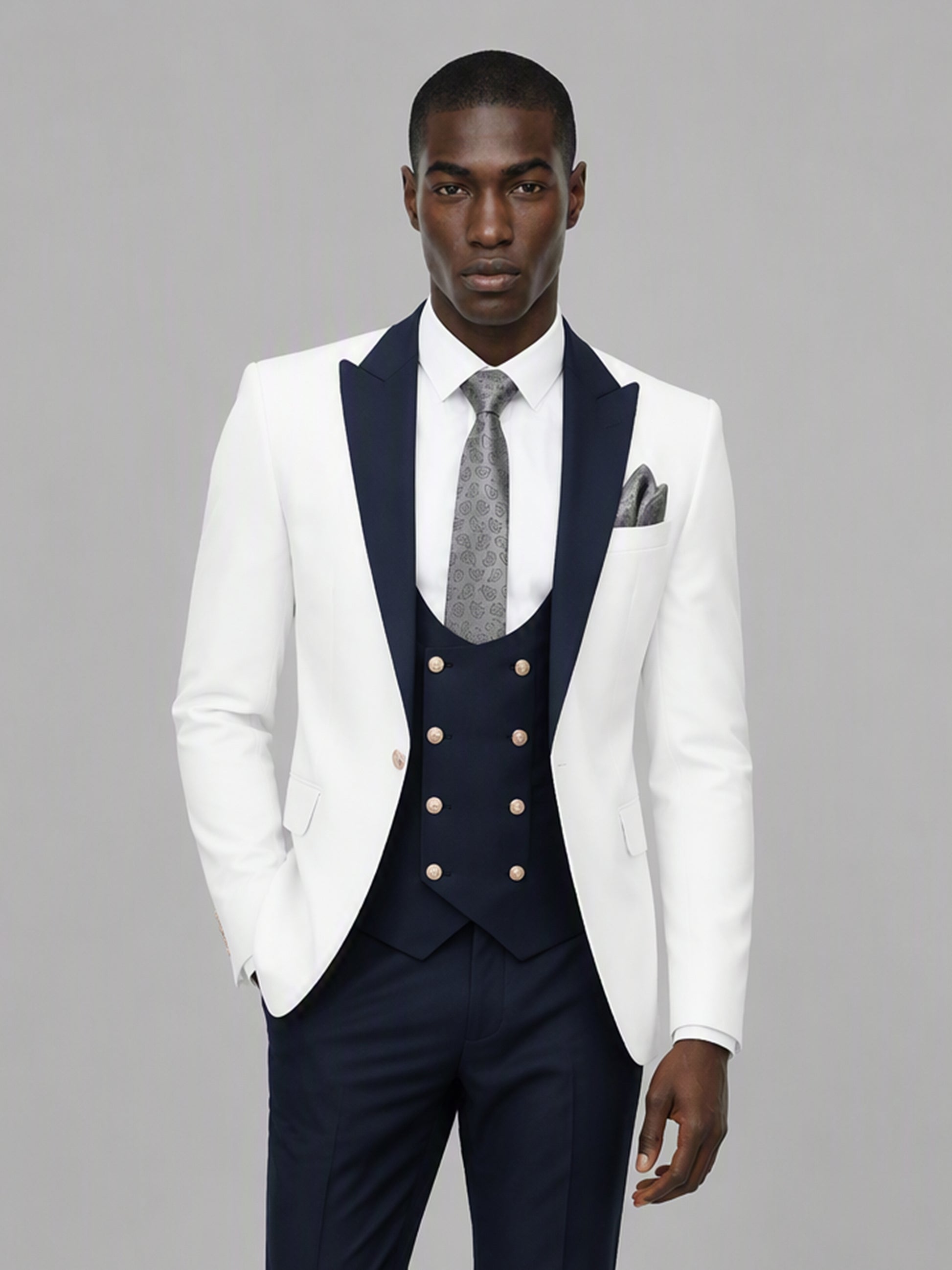 Savile GA0178 Men's White & Navy Blue 3-Piece Suit Set – Upper body front close-up