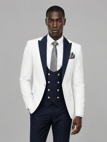 Savile GA0178 Men's White & Navy Blue 3-Piece Suit Set – Upper body front close-up