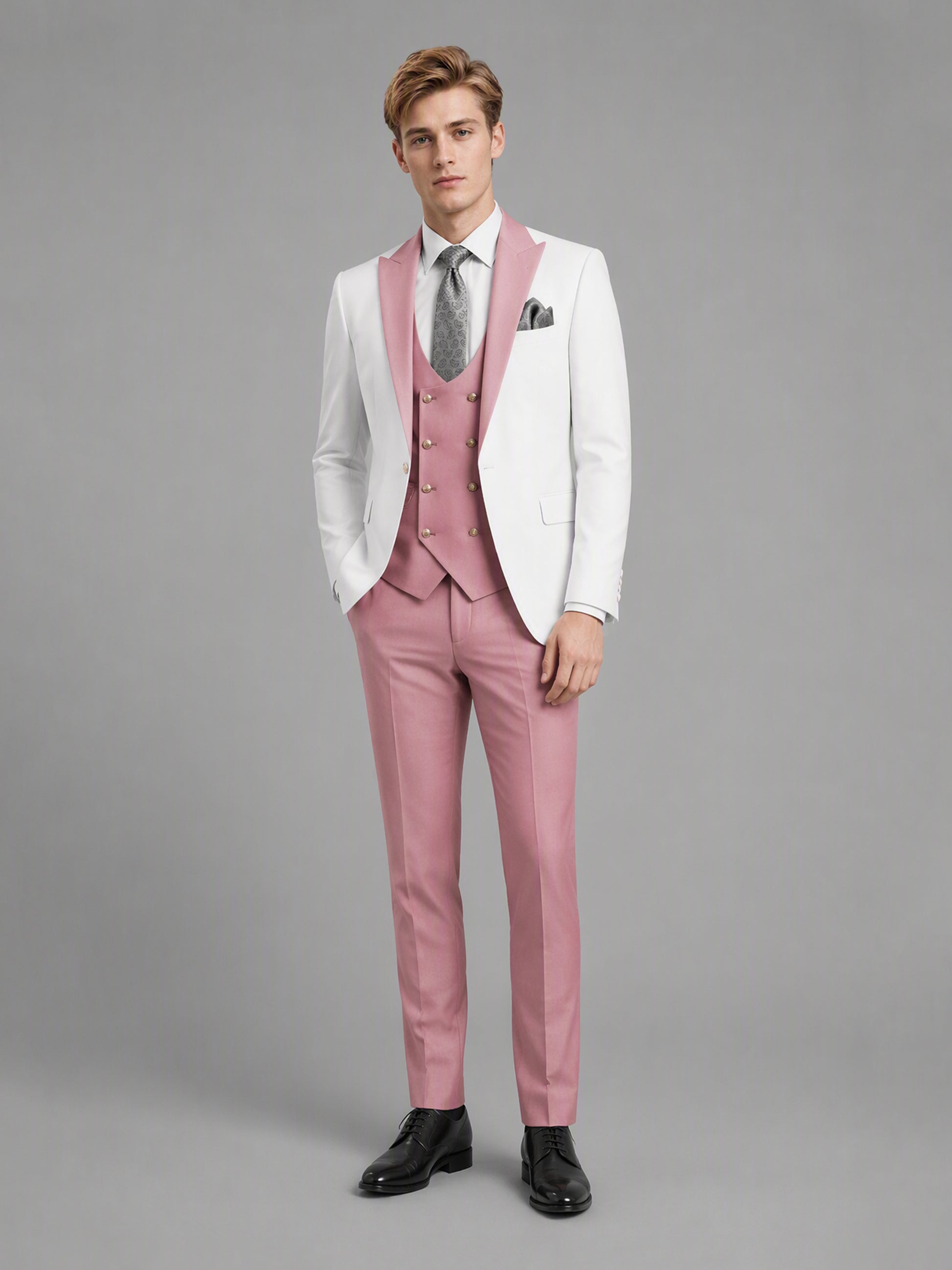 Savile GA0178 Men's White & Pink 3-Piece Suit Set – Front standing full length