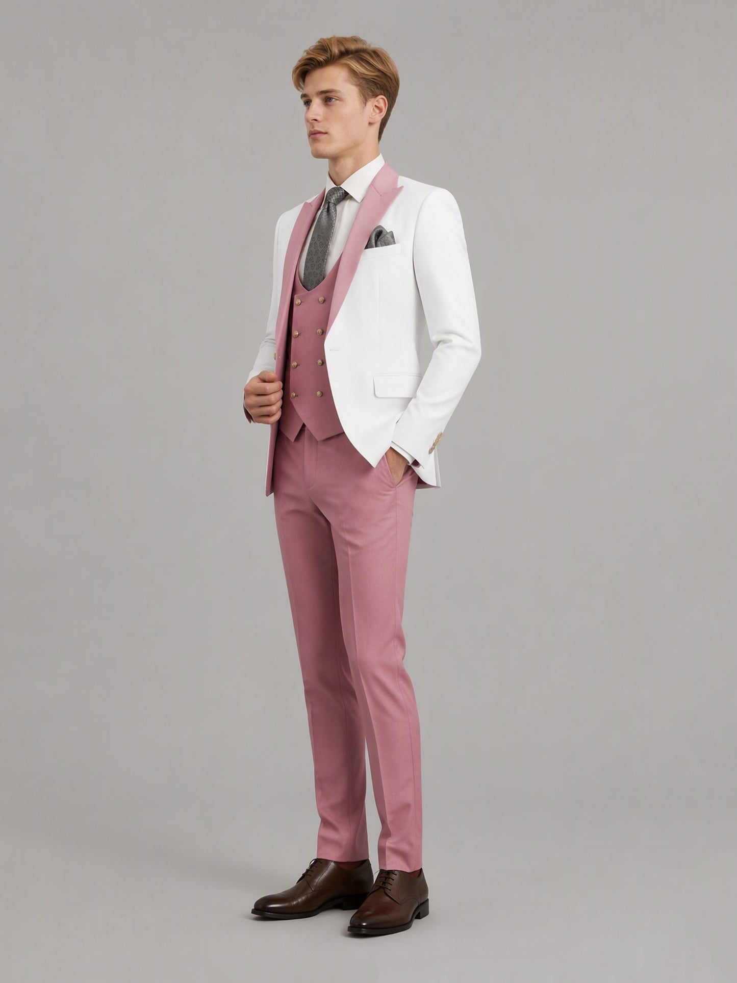 Savile GA0178 Men's White & Pink 3-Piece Suit Set – Three-quarter angle full length