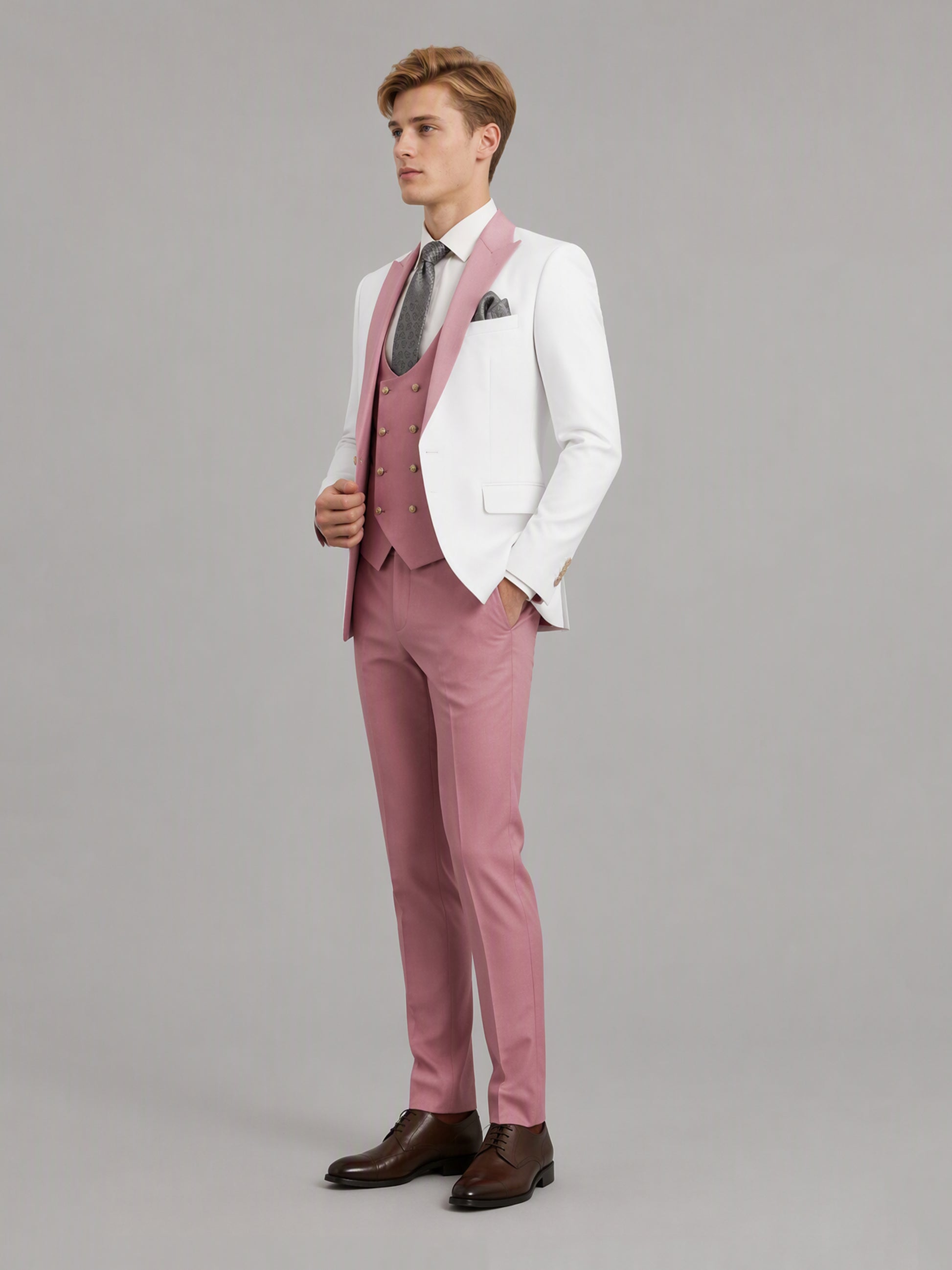 Savile GA0178 Men's White & Pink 3-Piece Suit Set – Three-quarter angle full length