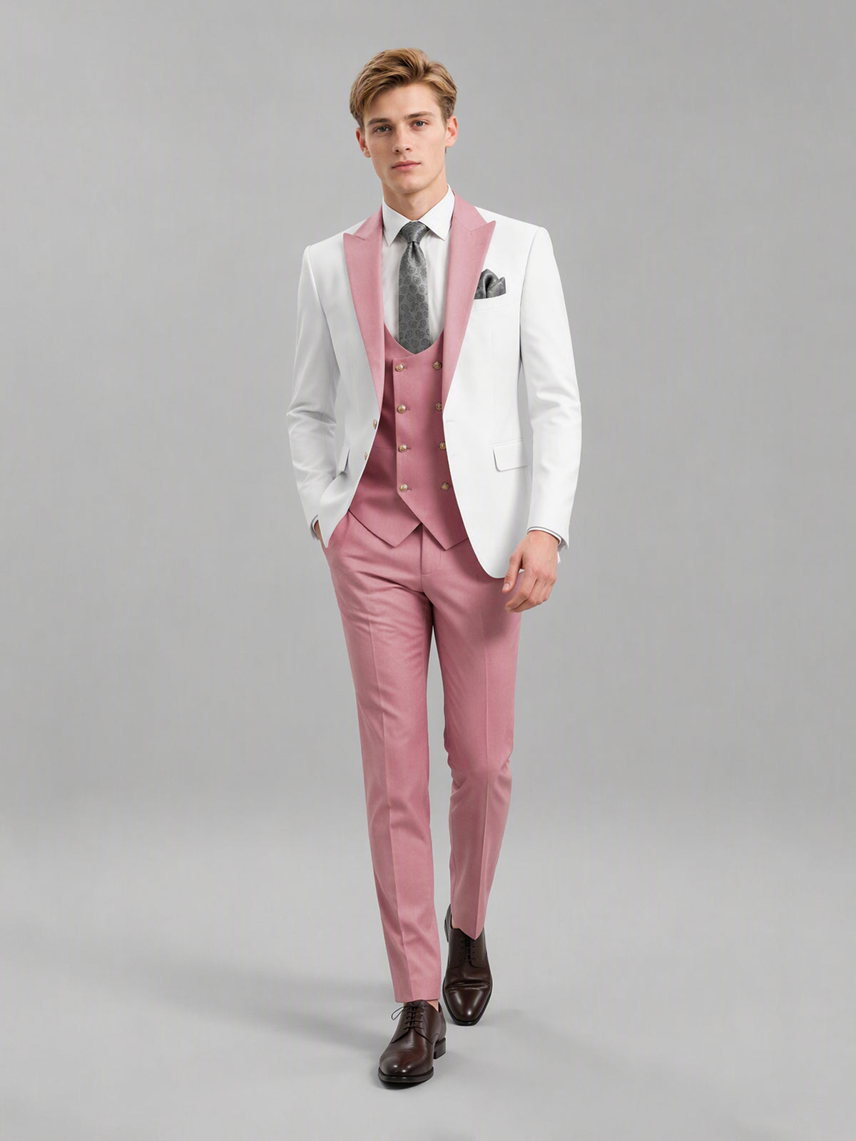 Savile GA0178 Men's White & Pink 3-Piece Suit Set – Front walking pose full length