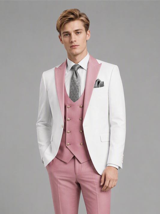 Savile GA0178 Men's White & Pink 3-Piece Suit Set – Upper body front close-up