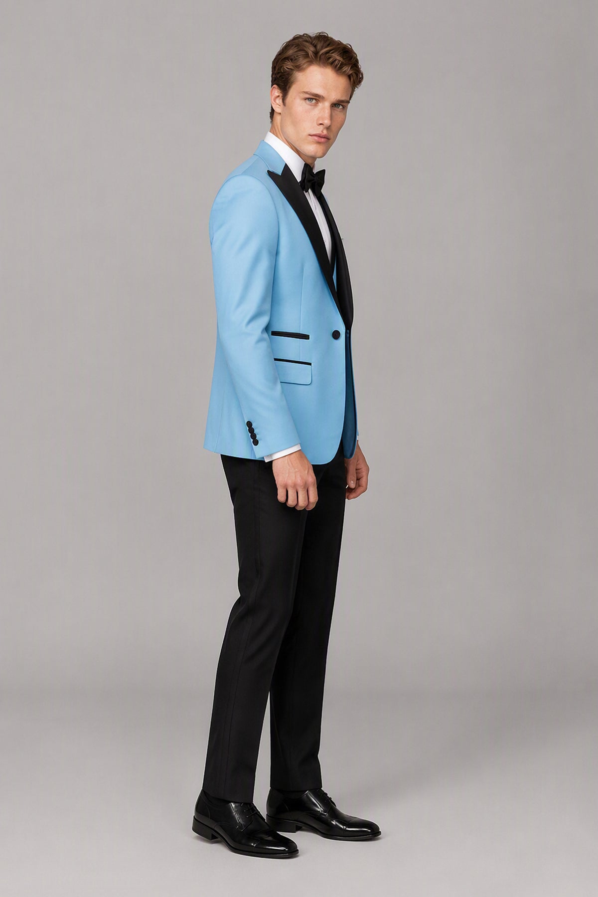 Men's Sky Blue Tuxedo 3-Piece Suit – Walking Front View | Savile GA0179