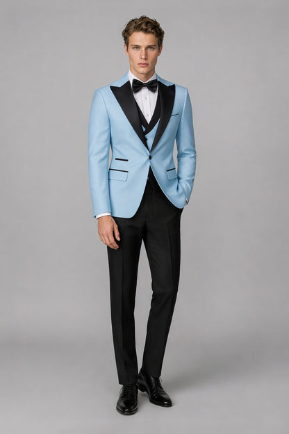 Men's Sky Blue Tuxedo 3-Piece Suit – Angled Side View | Savile GA0179
