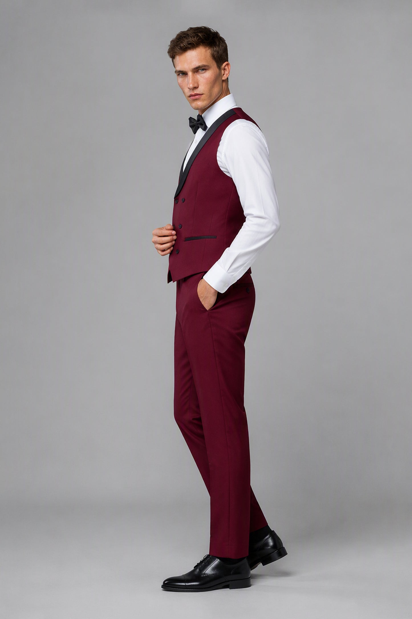 Men's Burgundy Tuxedo 3-Piece Suit – Front Close-Up View | Savile GA0179