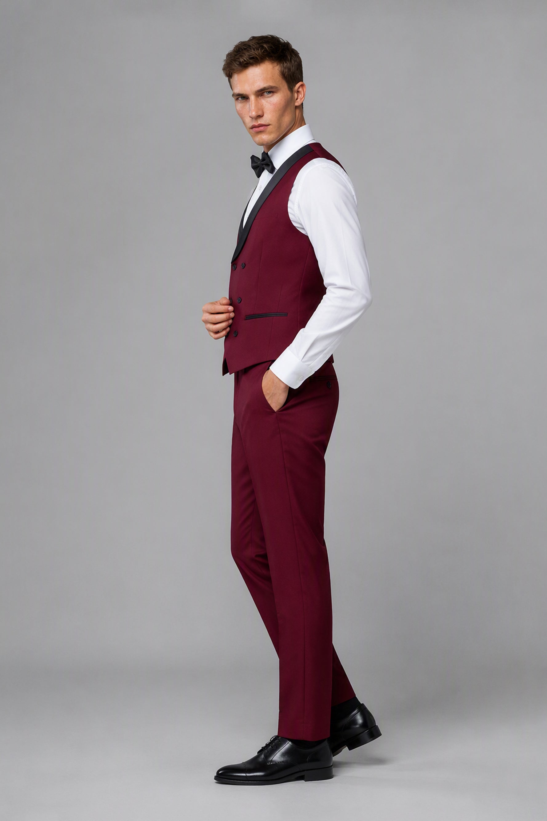 Men's Burgundy Tuxedo 3-Piece Suit – Front Close-Up View | Savile GA0179