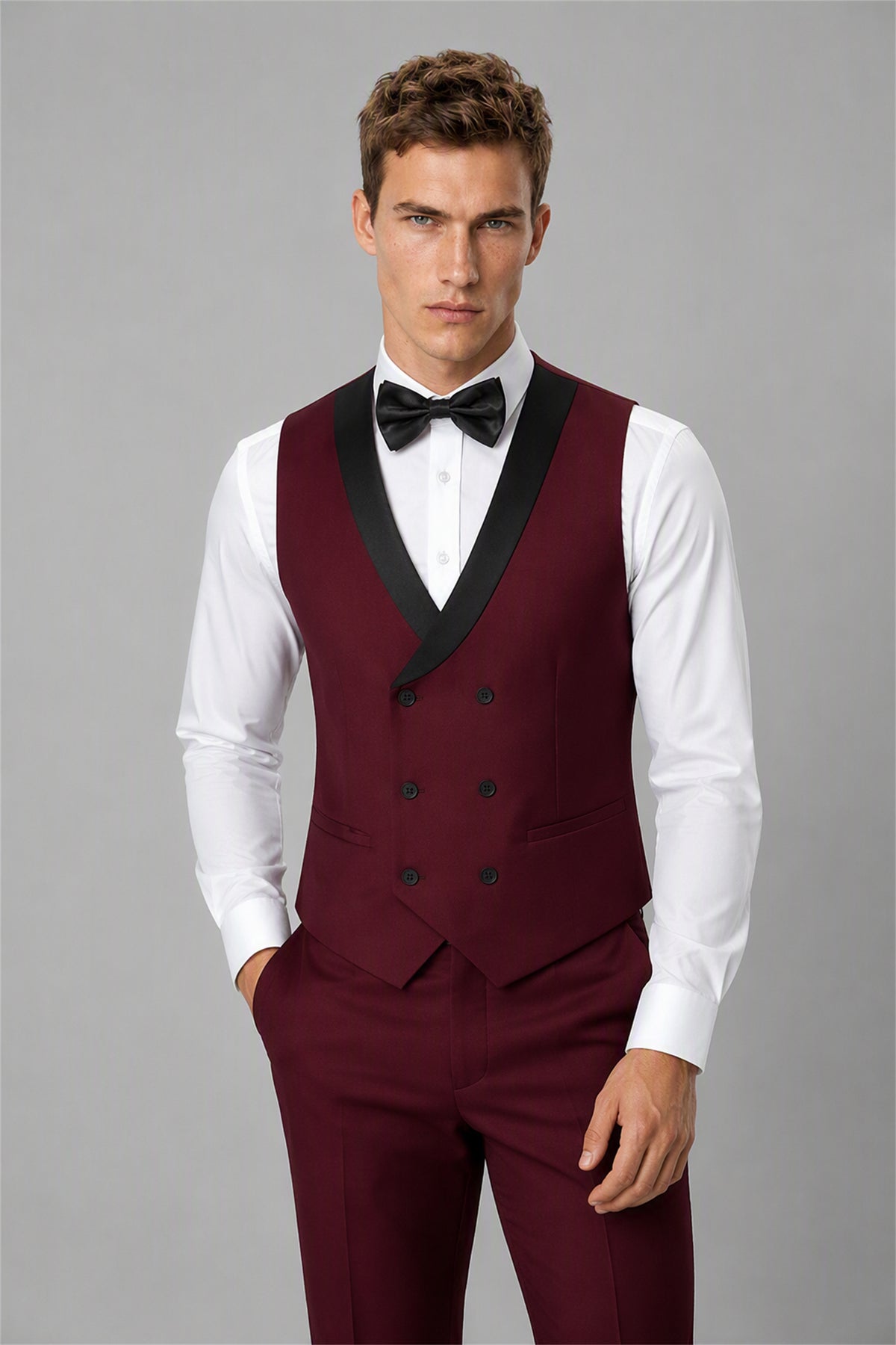 Men's Burgundy Tuxedo 3-Piece Suit – Side View | Savile GA0179