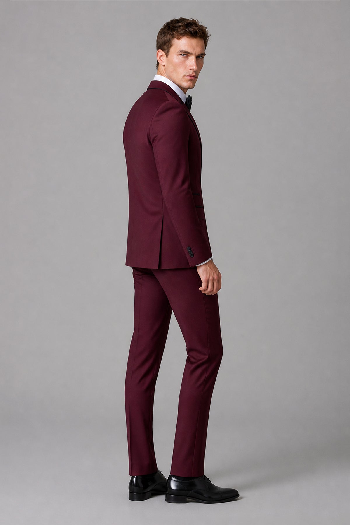 Men's Burgundy Tuxedo 3-Piece Suit – Full Front Walking View | Savile GA0179