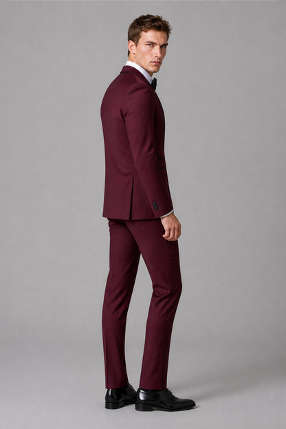 Men's Burgundy Tuxedo 3-Piece Suit – Full Front Walking View | Savile GA0179