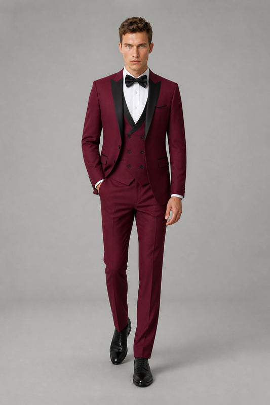Men's Burgundy Tuxedo 3-Piece Suit | Blazer, Vest & Trousers