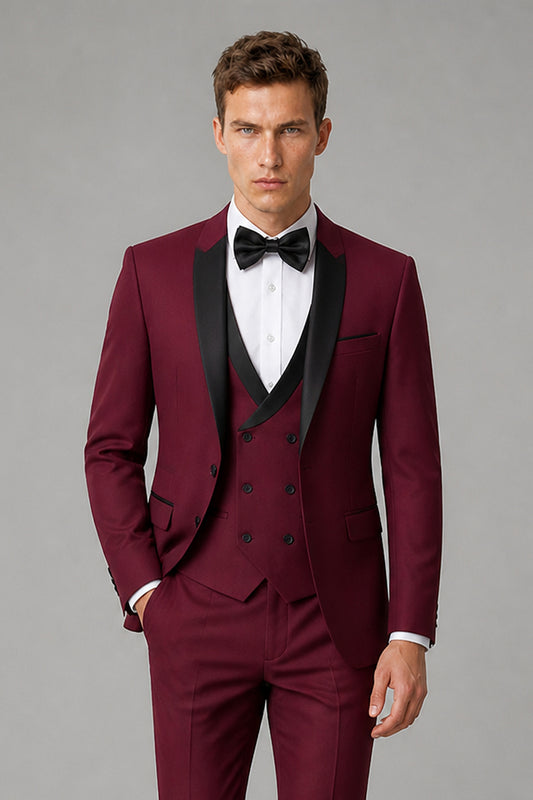 Men's Burgundy Tuxedo 3-Piece Suit – Vest Side View | Savile GA0179