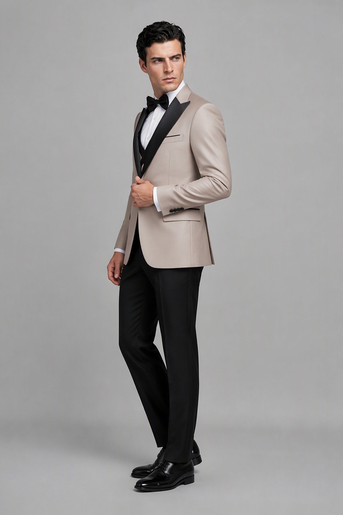 Men's Khaki Tuxedo 3-Piece Suit – 3/4 Front View | Savile GA0179