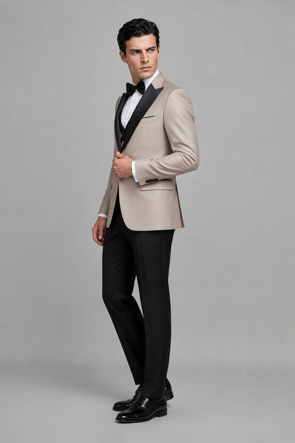 Men's Khaki Tuxedo 3-Piece Suit – 3/4 Front View | Savile GA0179