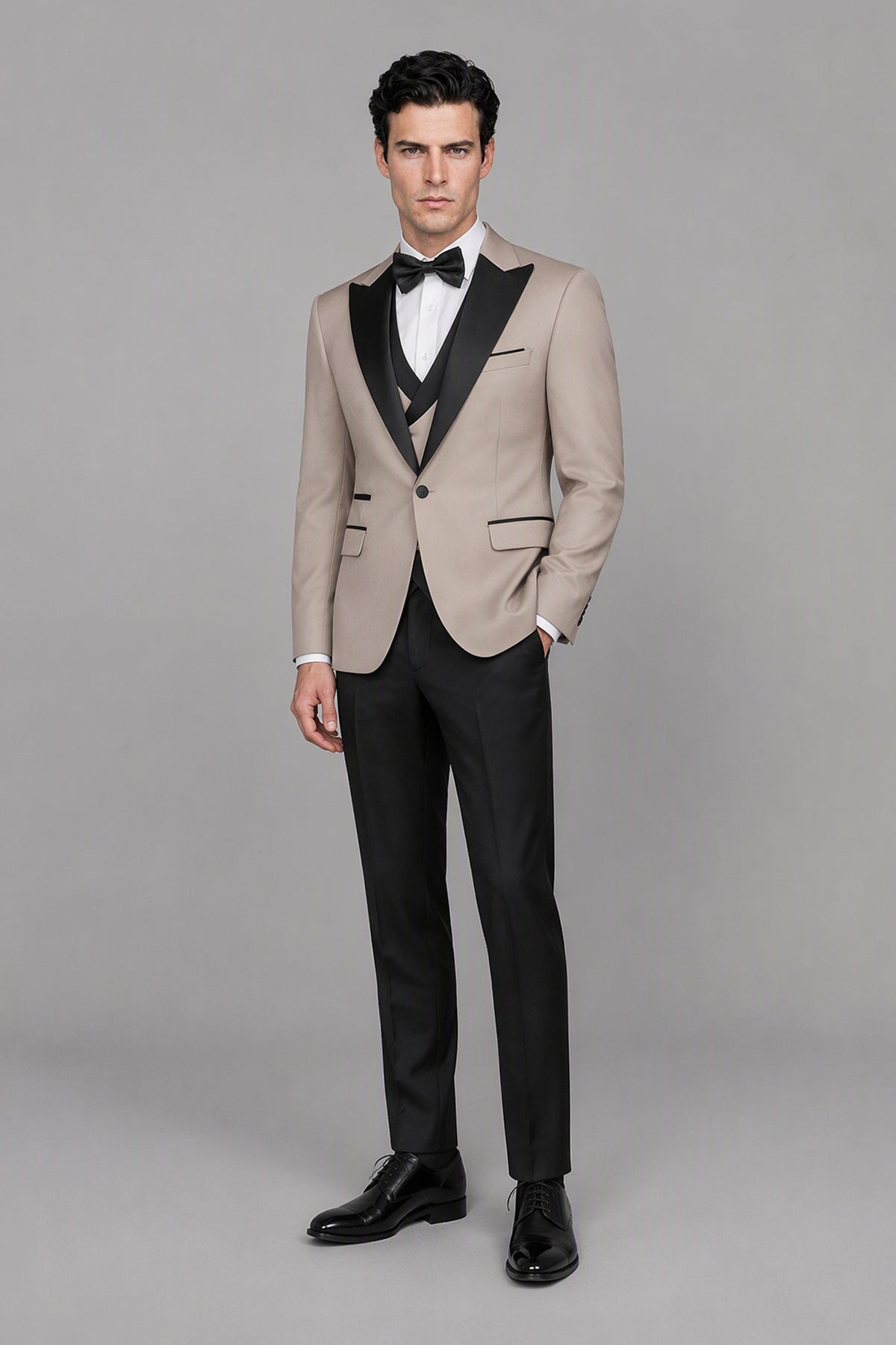 Men's Khaki Tuxedo 3-Piece Suit – Full Body Front View | Savile GA0179