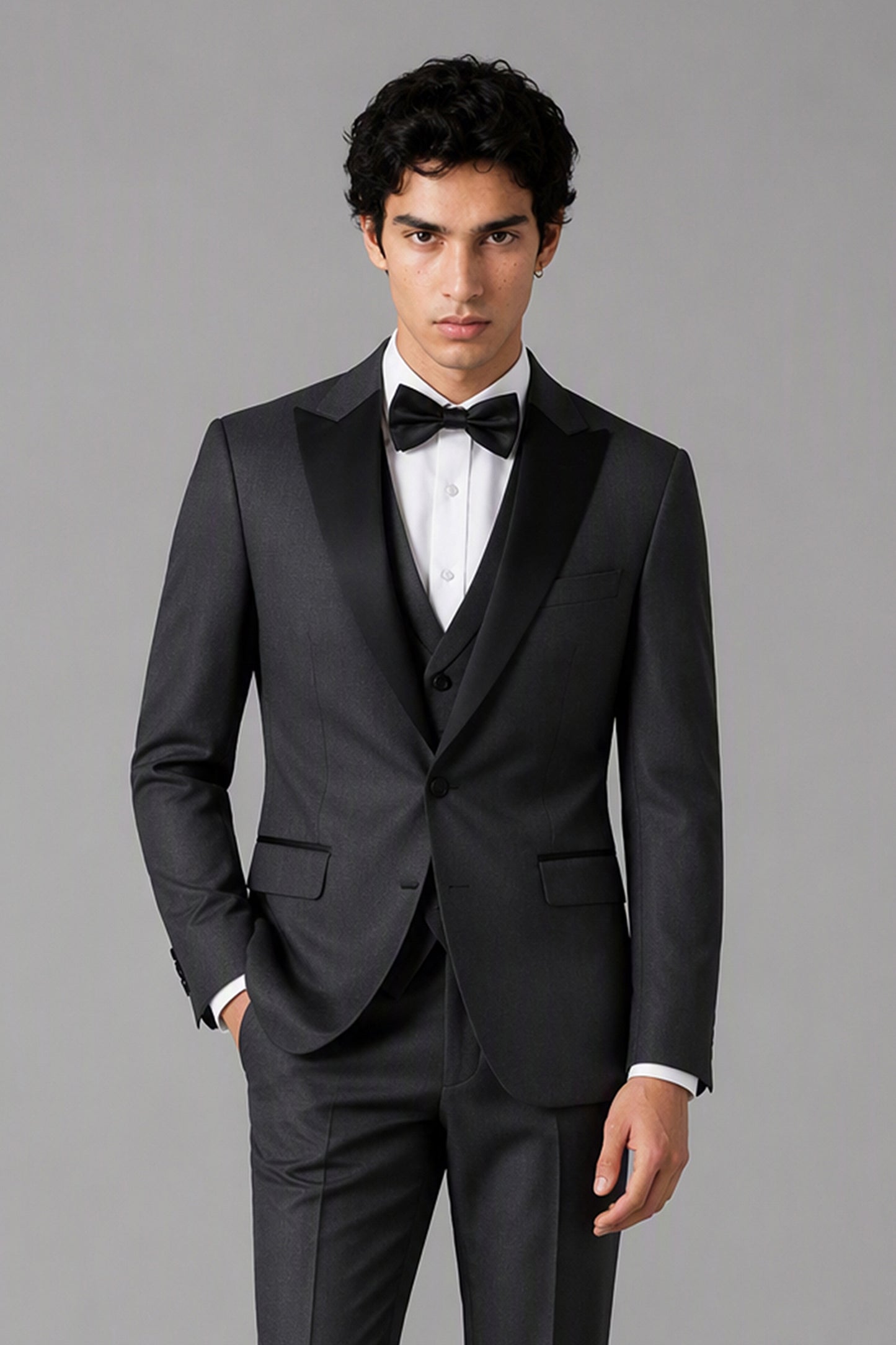 Men's Grey Tuxedo 3-Piece Suit – 3/4 Side View | Savile GA0179