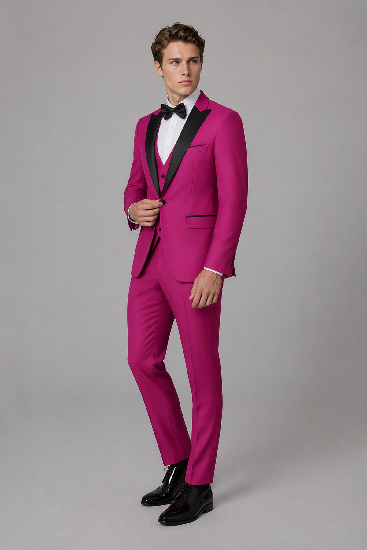 Men's Hot Pink Tuxedo 3-Piece Suit – Full Body Front View | Savile GA0179