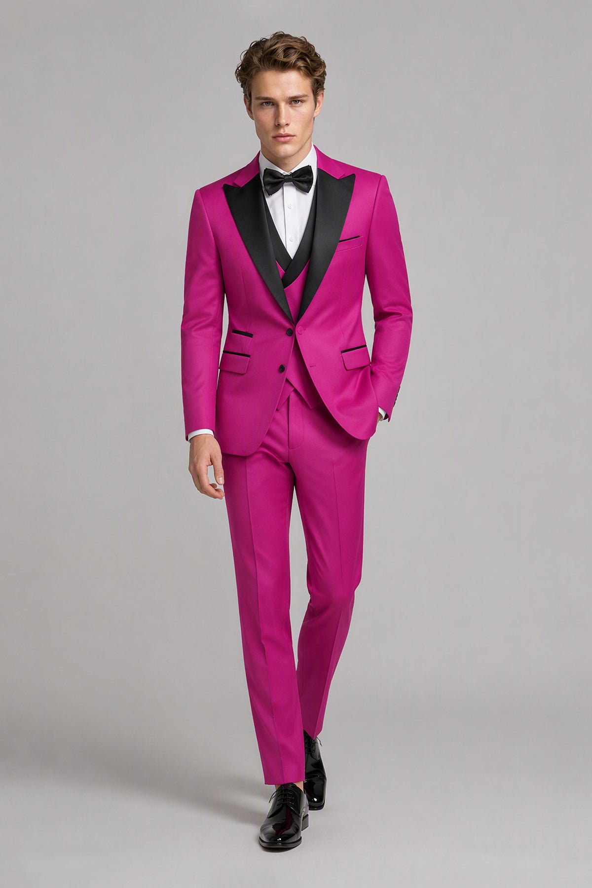 Men's Hot Pink Tuxedo 3-Piece Suit – 3/4 Side View | Savile GA0179