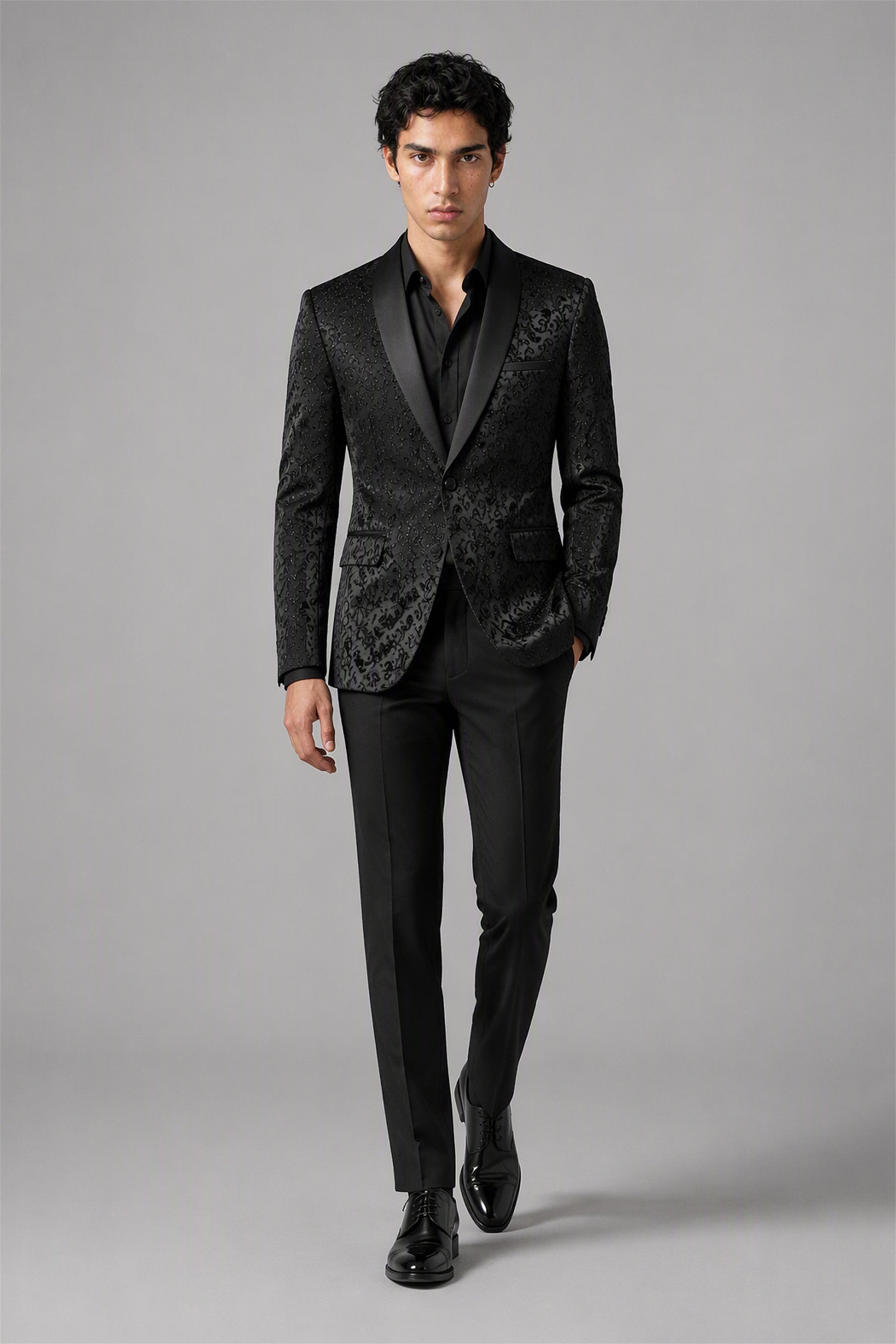 Men's Black Jacquard Tuxedo 2-Piece Suit – Front Close-Up View | Savile GA0180