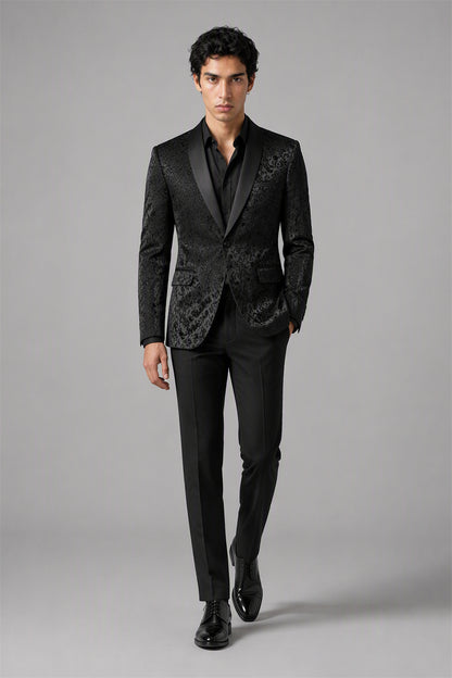 Men's Black Jacquard Tuxedo 2-Piece Suit – Front Close-Up View | Savile GA0180