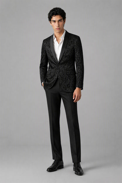 Men's Black Jacquard Tuxedo 2-Piece Suit – Full Body Walking View | Savile GA0180