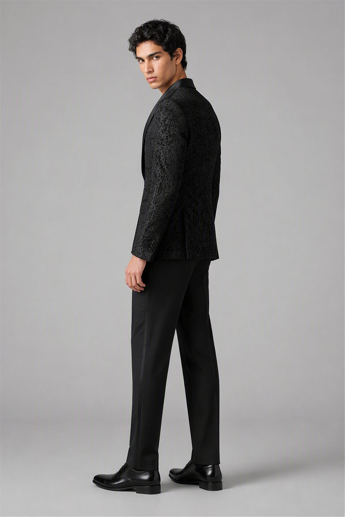 Men's Black Jacquard Tuxedo 2-Piece Suit – Full Body White Shirt View | Savile GA0180