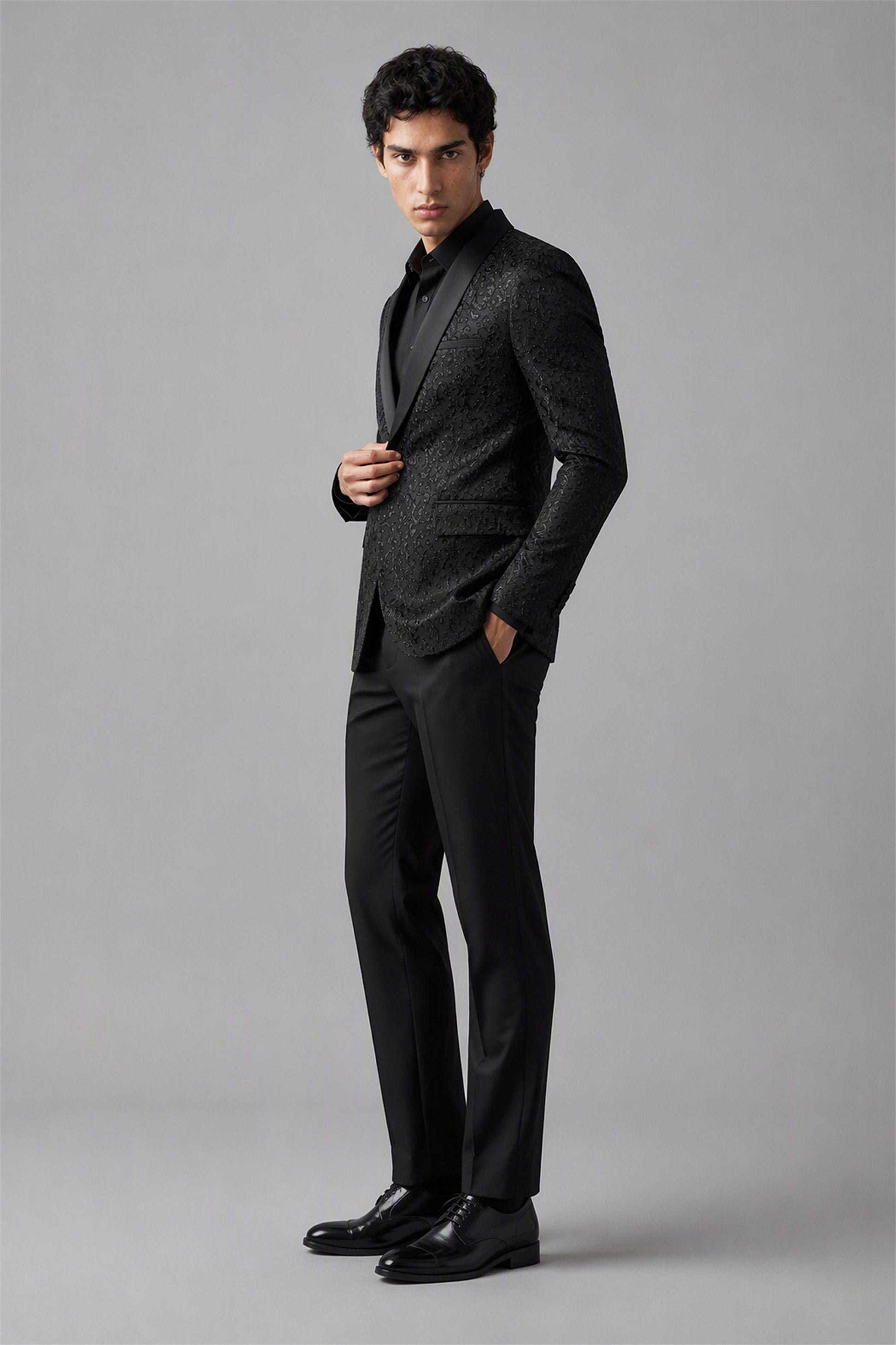 Men's Black Jacquard Tuxedo 2-Piece Suit – 3/4 Side View | Savile GA0180