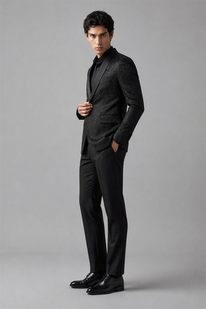 Men's Black Jacquard Tuxedo 2-Piece Suit – 3/4 Side View | Savile GA0180