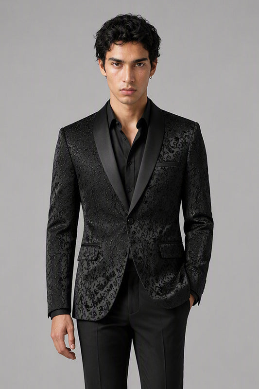 Men's Black Jacquard Tuxedo 2-Piece Suit – Side Profile View | Savile GA0180