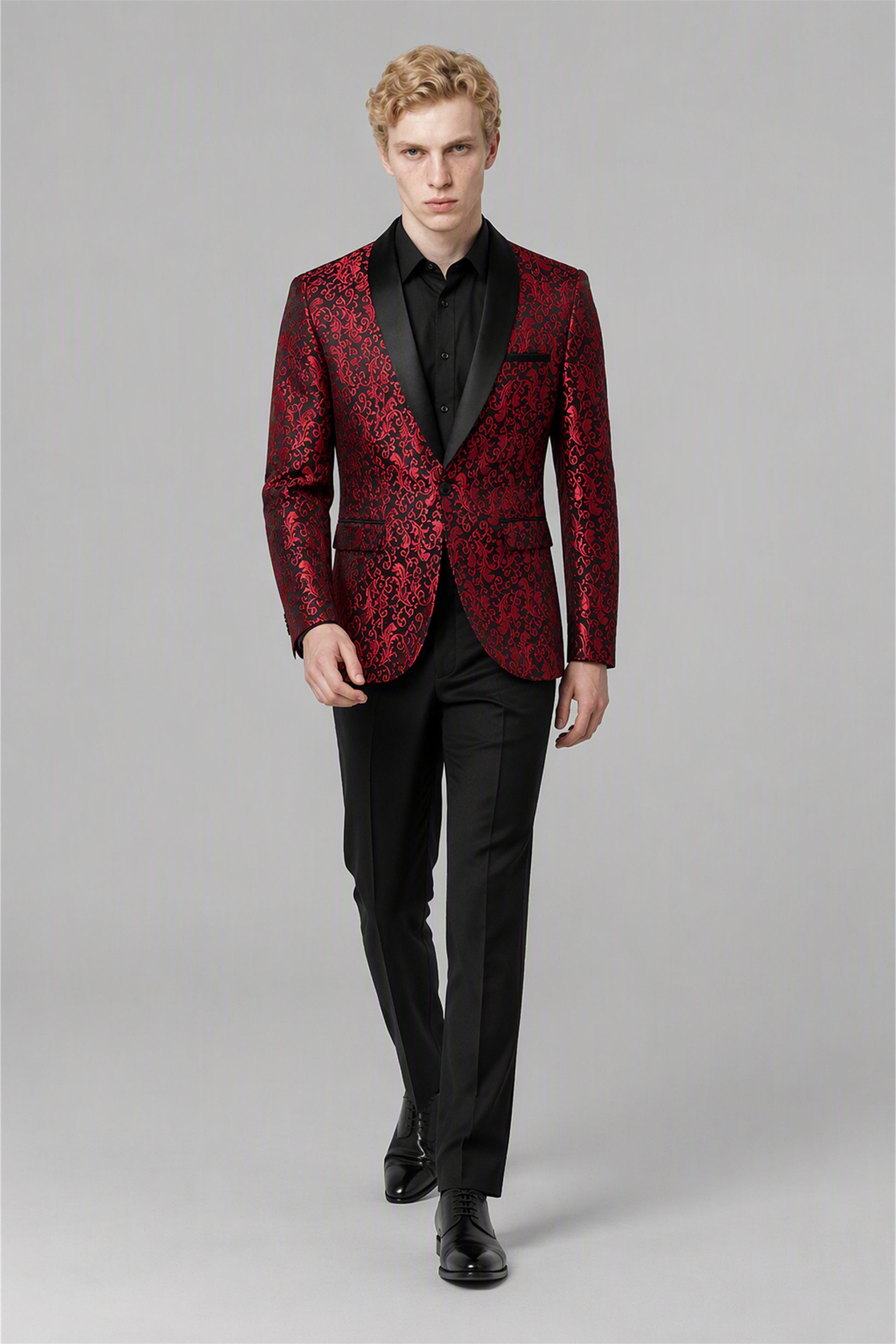 Men's Burgundy Jacquard Tuxedo 2-Piece Suit – Front Close-Up View | Savile GA0180