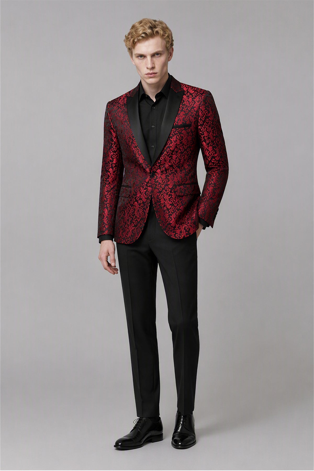Men's Burgundy Jacquard Tuxedo 2-Piece Suit – Full Body Walking View | Savile GA0180