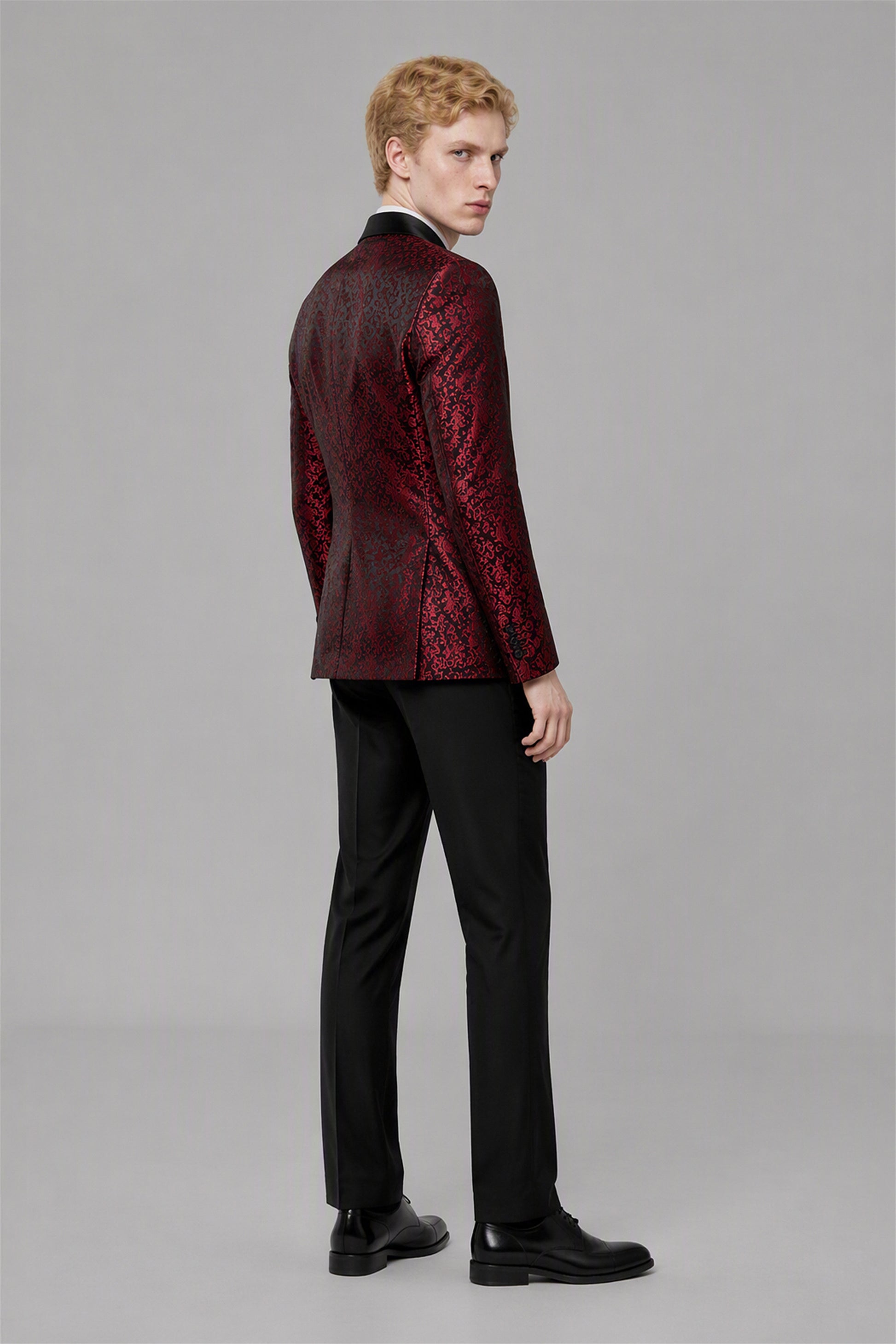 Men's Burgundy Jacquard Tuxedo 2-Piece Suit – Full Body Front Standing View | Savile GA0180