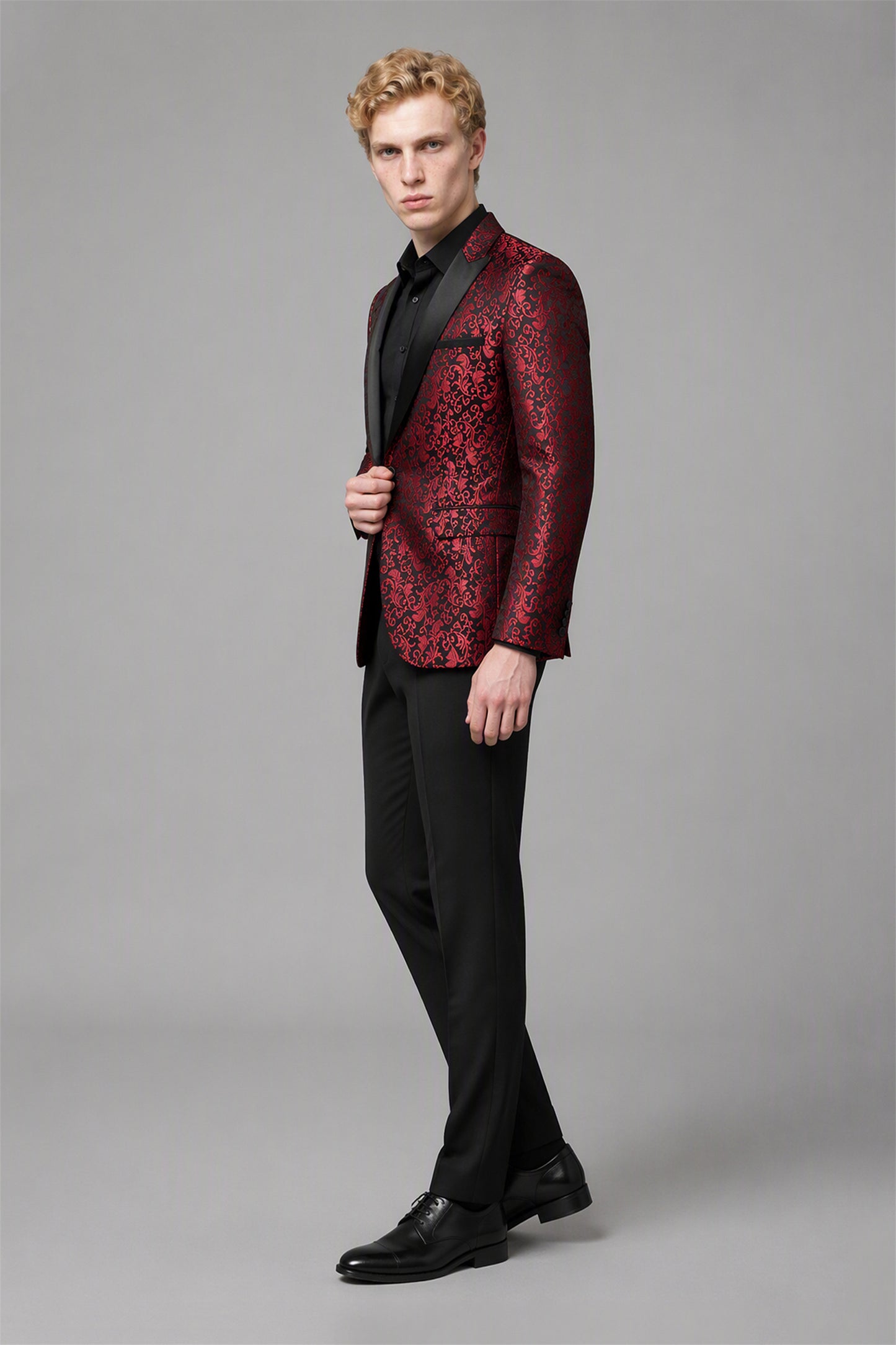 Men's Burgundy Jacquard Tuxedo 2-Piece Suit – Back View | Savile GA0180