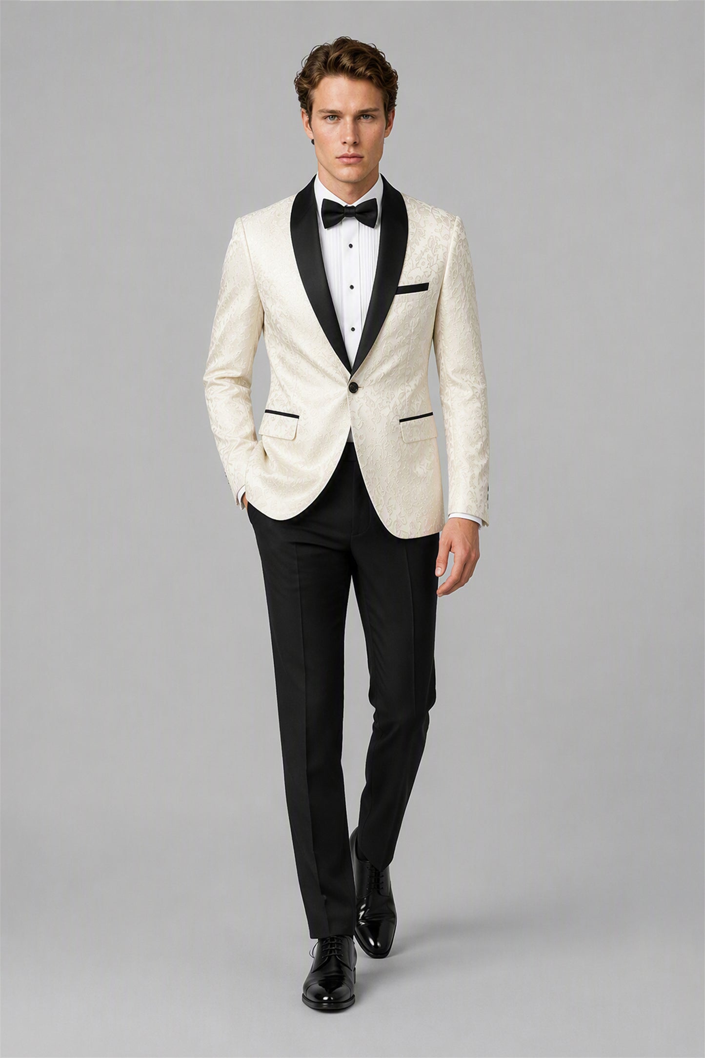 Men's Ivory Jacquard Tuxedo 2-Piece Suit – Front Close-Up with Bow Tie | Savile GA0180