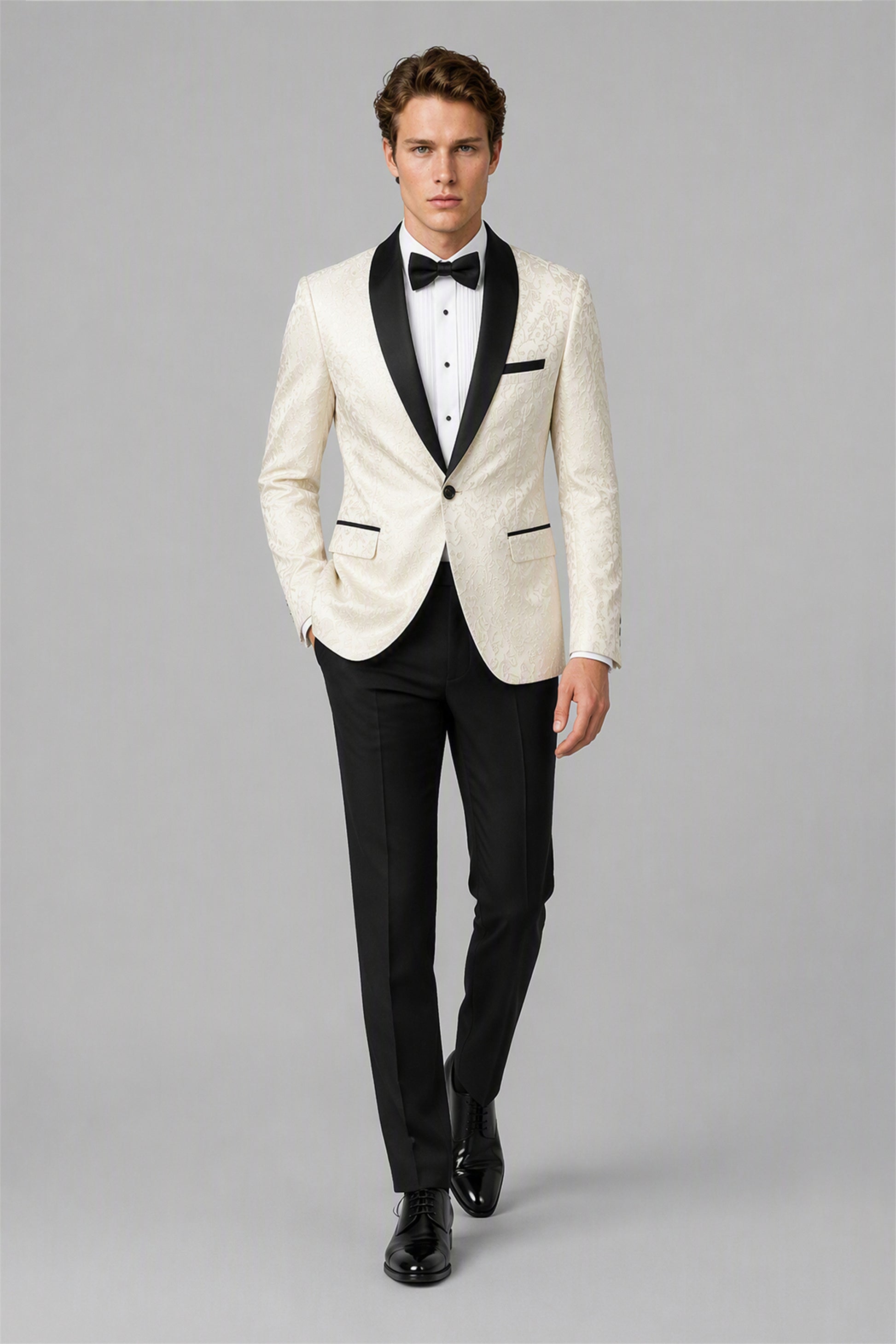 Men's Ivory Jacquard Tuxedo 2-Piece Suit – Front Close-Up with Bow Tie | Savile GA0180