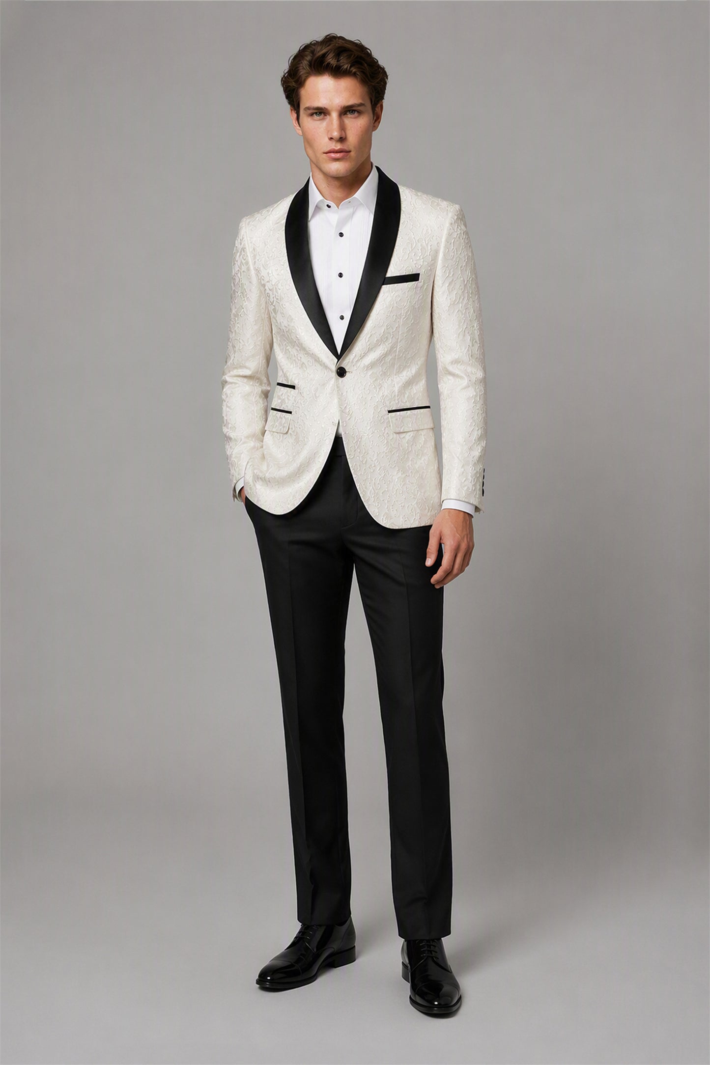 Men's Ivory Jacquard Tuxedo 2-Piece Suit – Full Body Walking View | Savile GA0180
