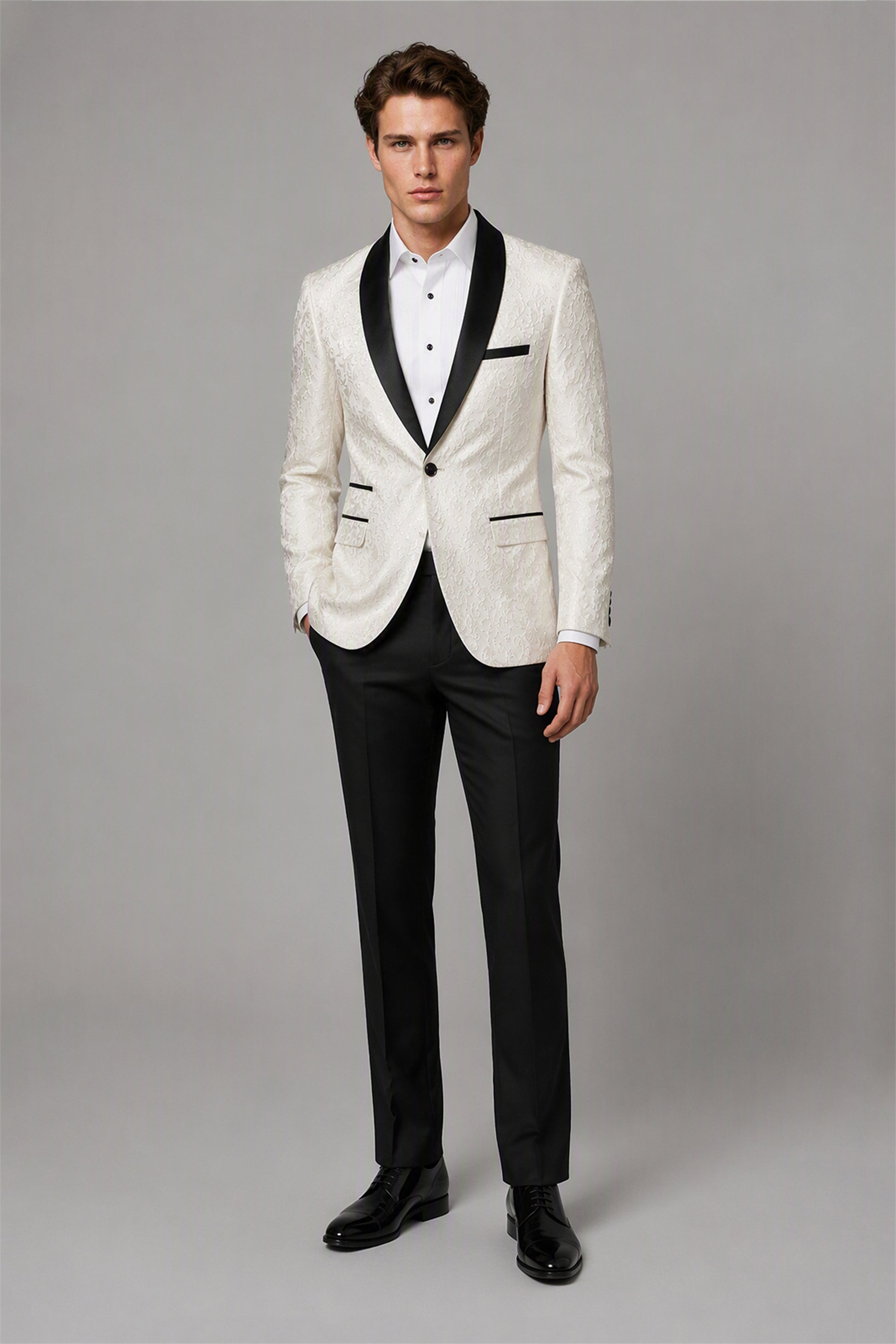 Men's Ivory Jacquard Tuxedo 2-Piece Suit – Full Body Walking View | Savile GA0180